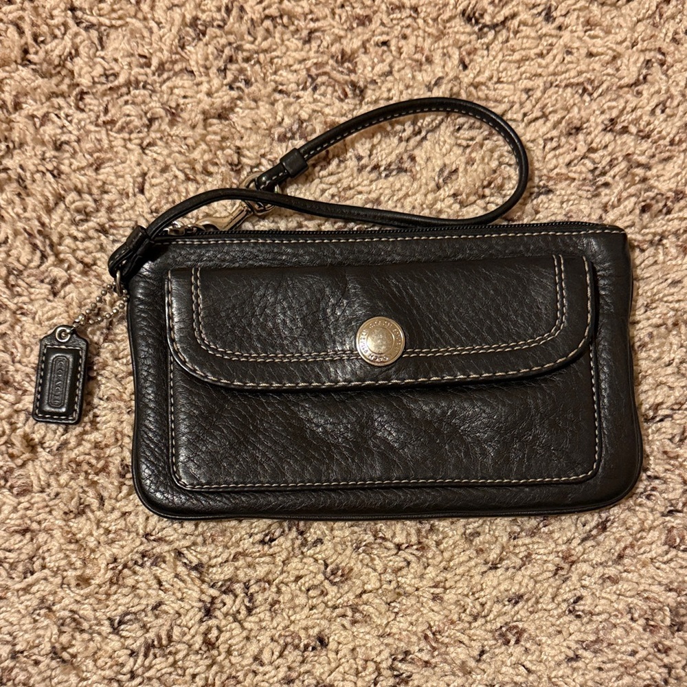 Coach Black Leather Wristlet with Stitch Detail